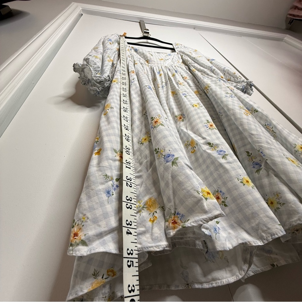 Sweet En Forme Multi Color Flowers Blue Gingham Babydoll Mini Dress Size medium - Picture 9 of 10